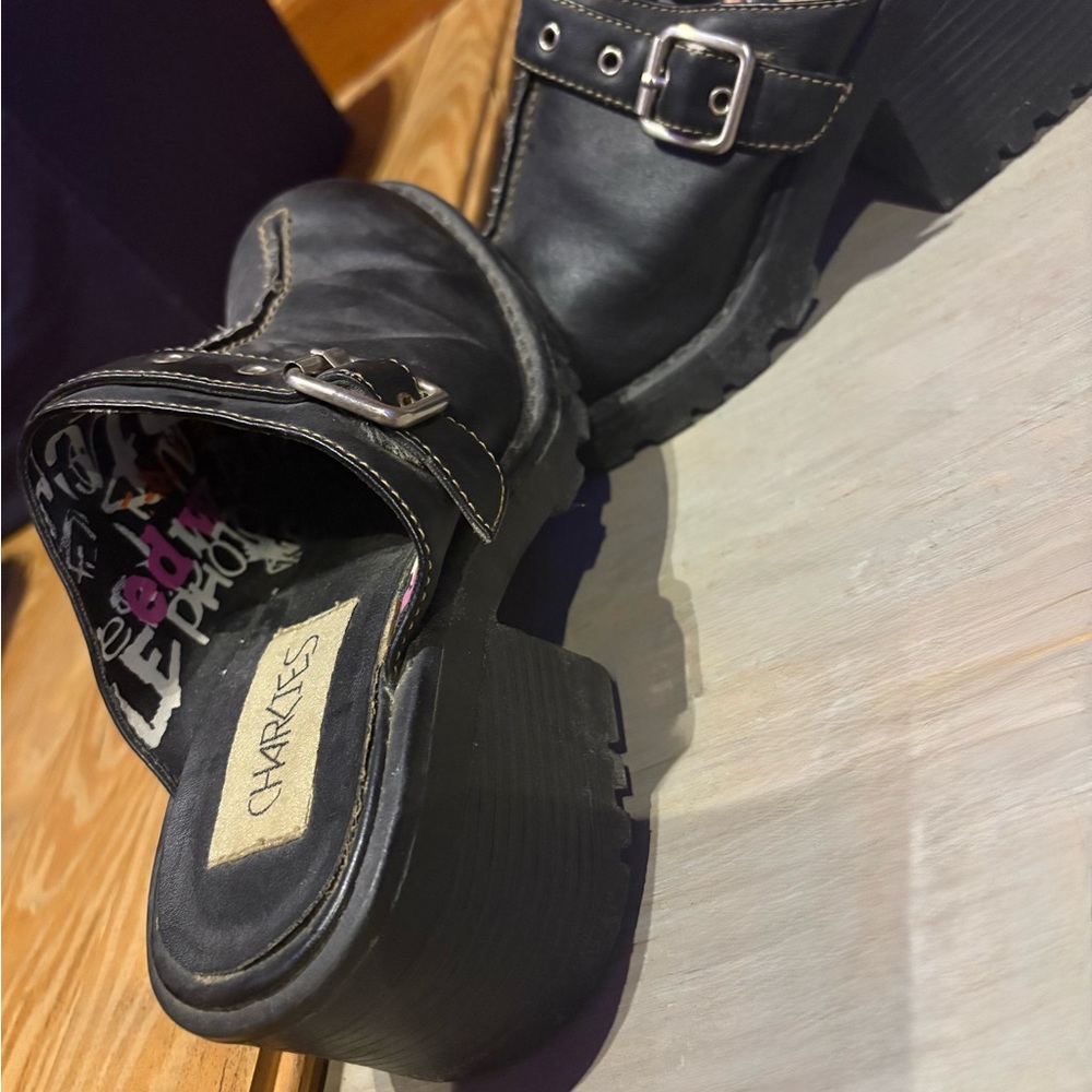 Charlies Black Mules with Buckle Accent